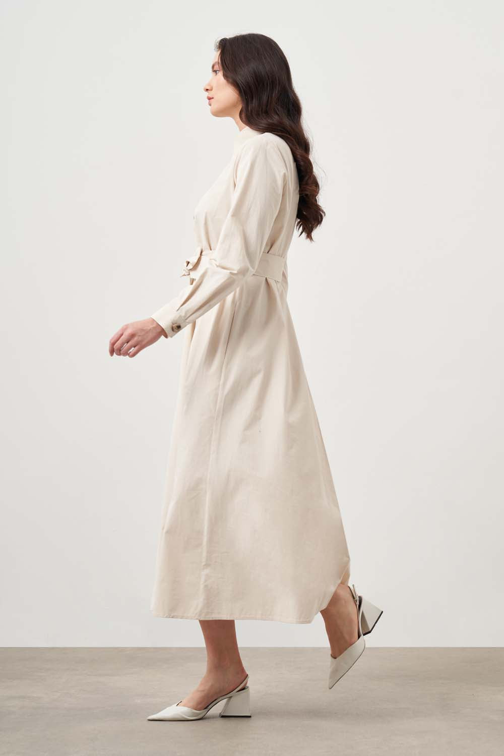Mizalle -Button Up Belted Dress Beige