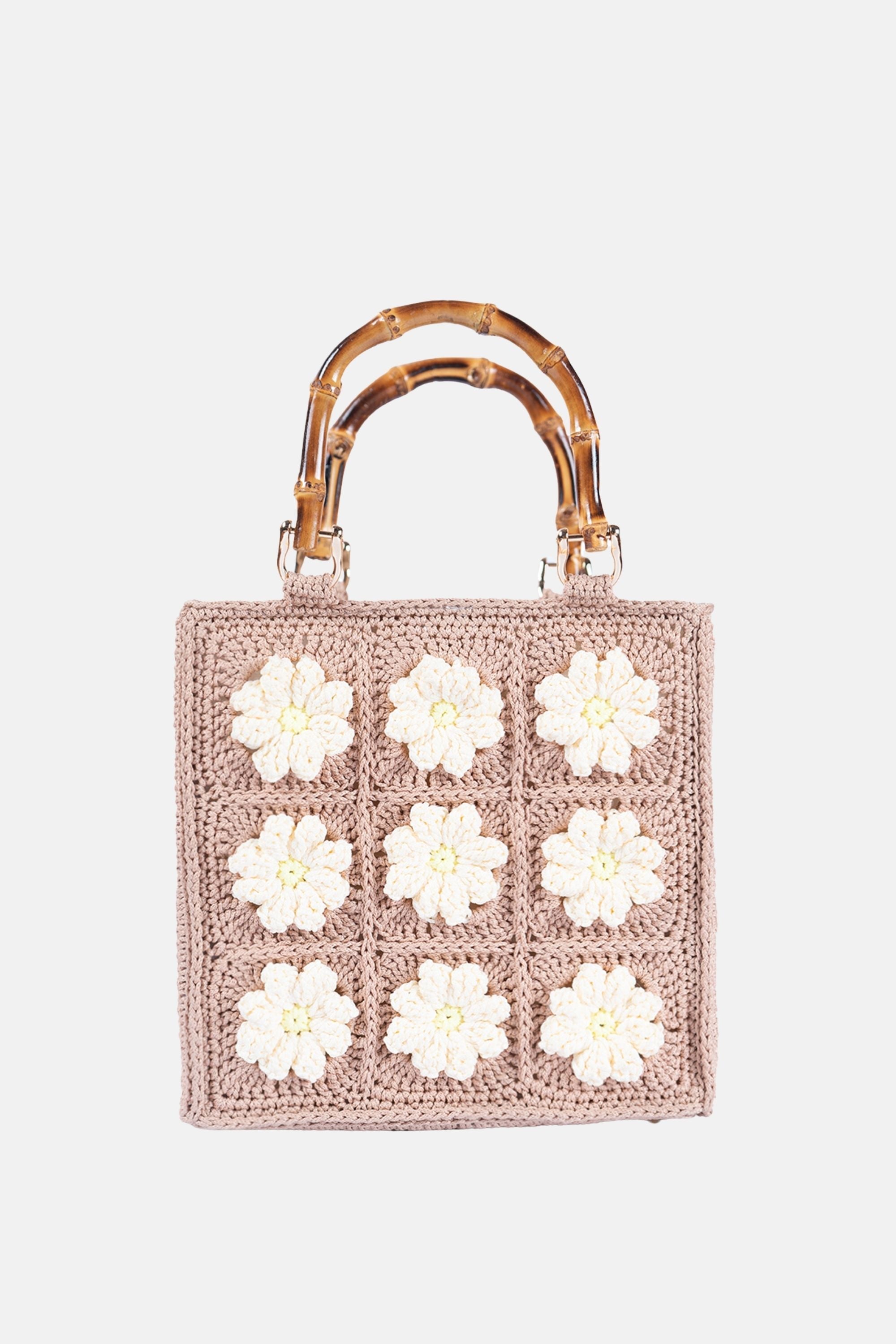 Jelavu - Blossom Crochet Crossbody Bag with Bamboo Handle - Beige / Daisy