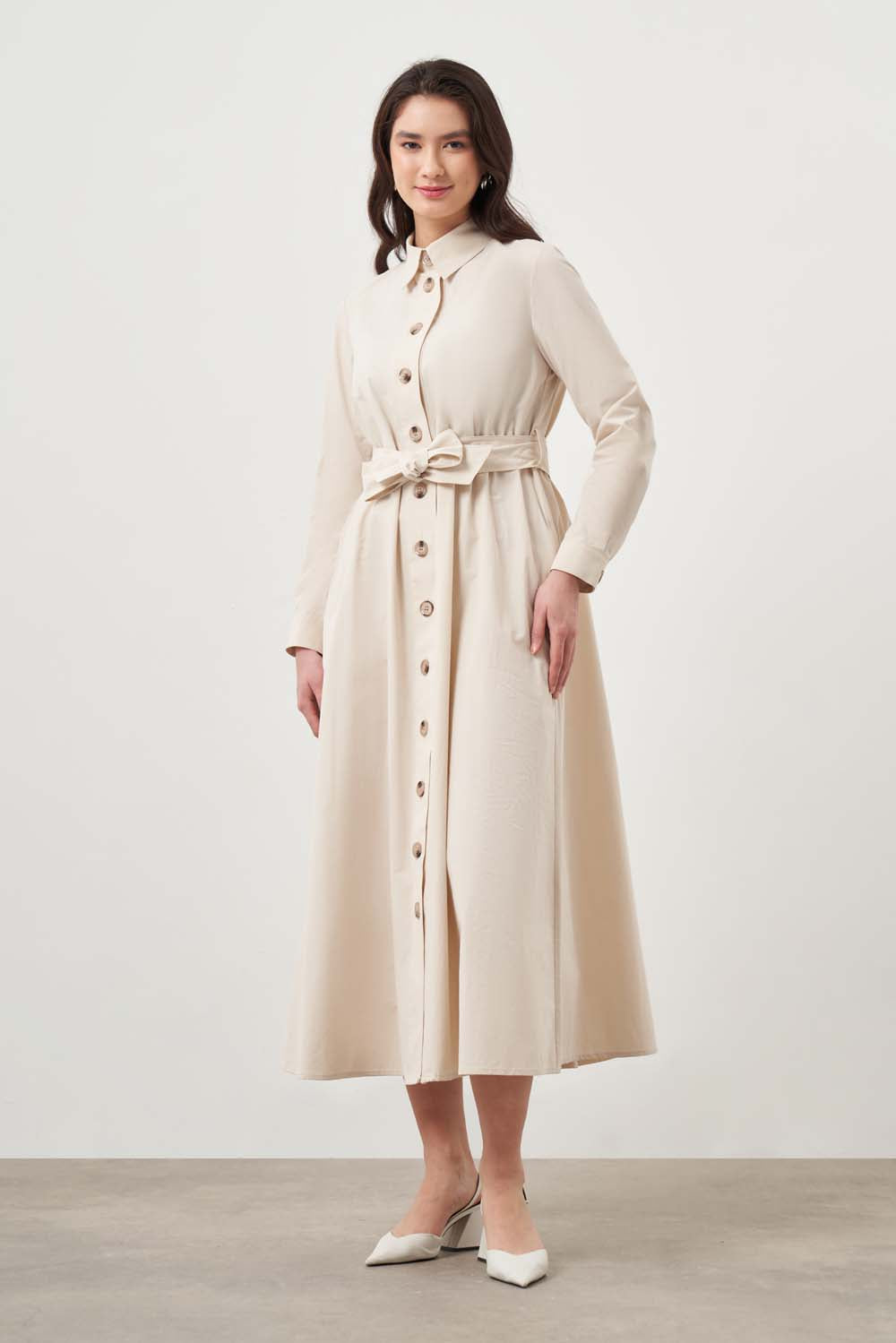 Mizalle -Button Up Belted Dress Beige