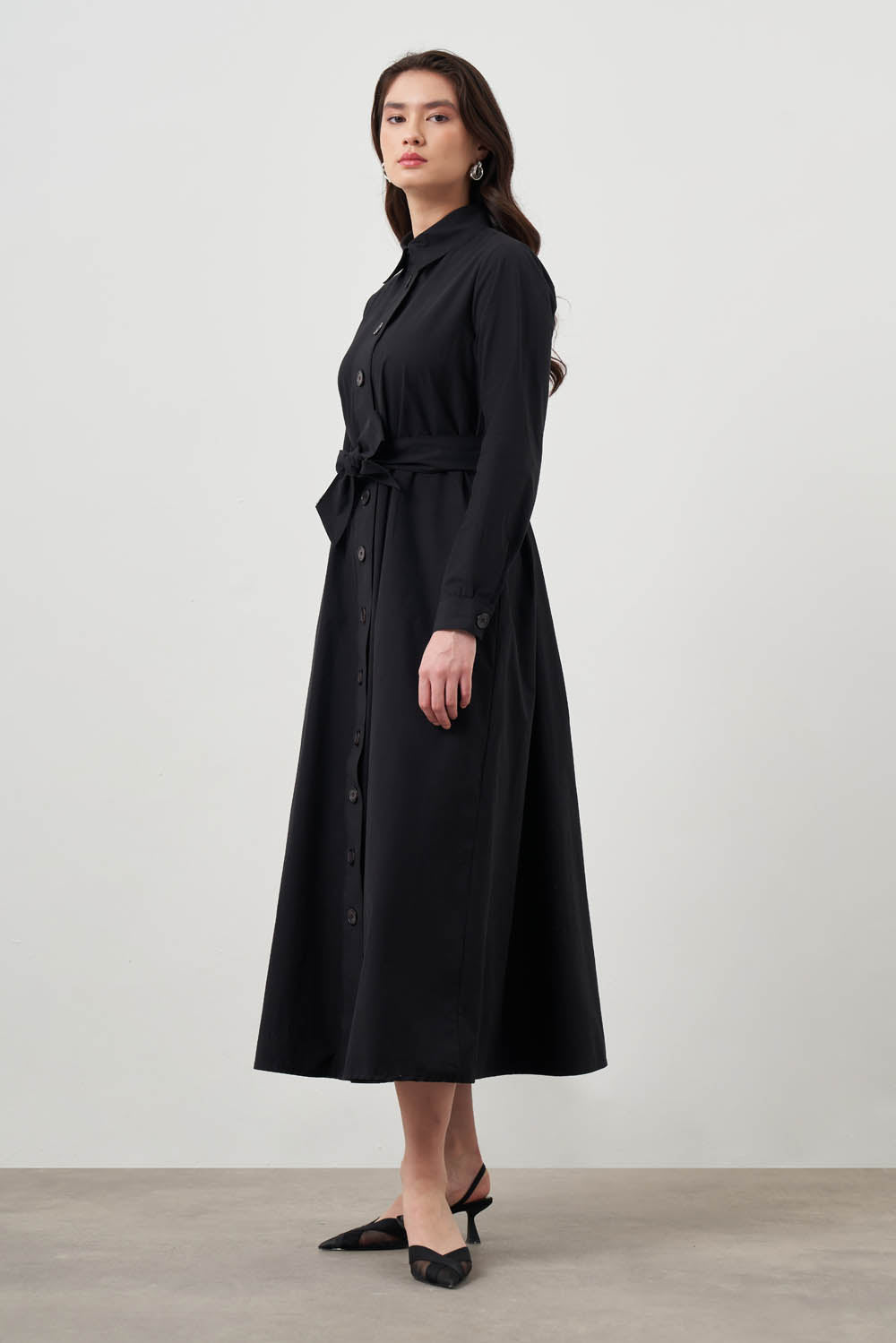 Mizalle Button Up Belted Dress Black