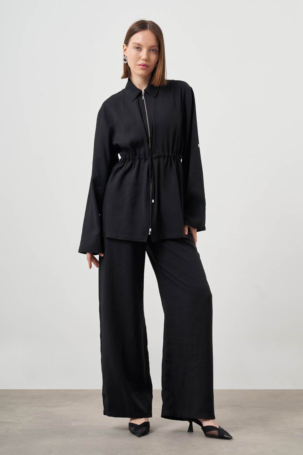 Mizalle Cinched Waist Shirt Jacket Black