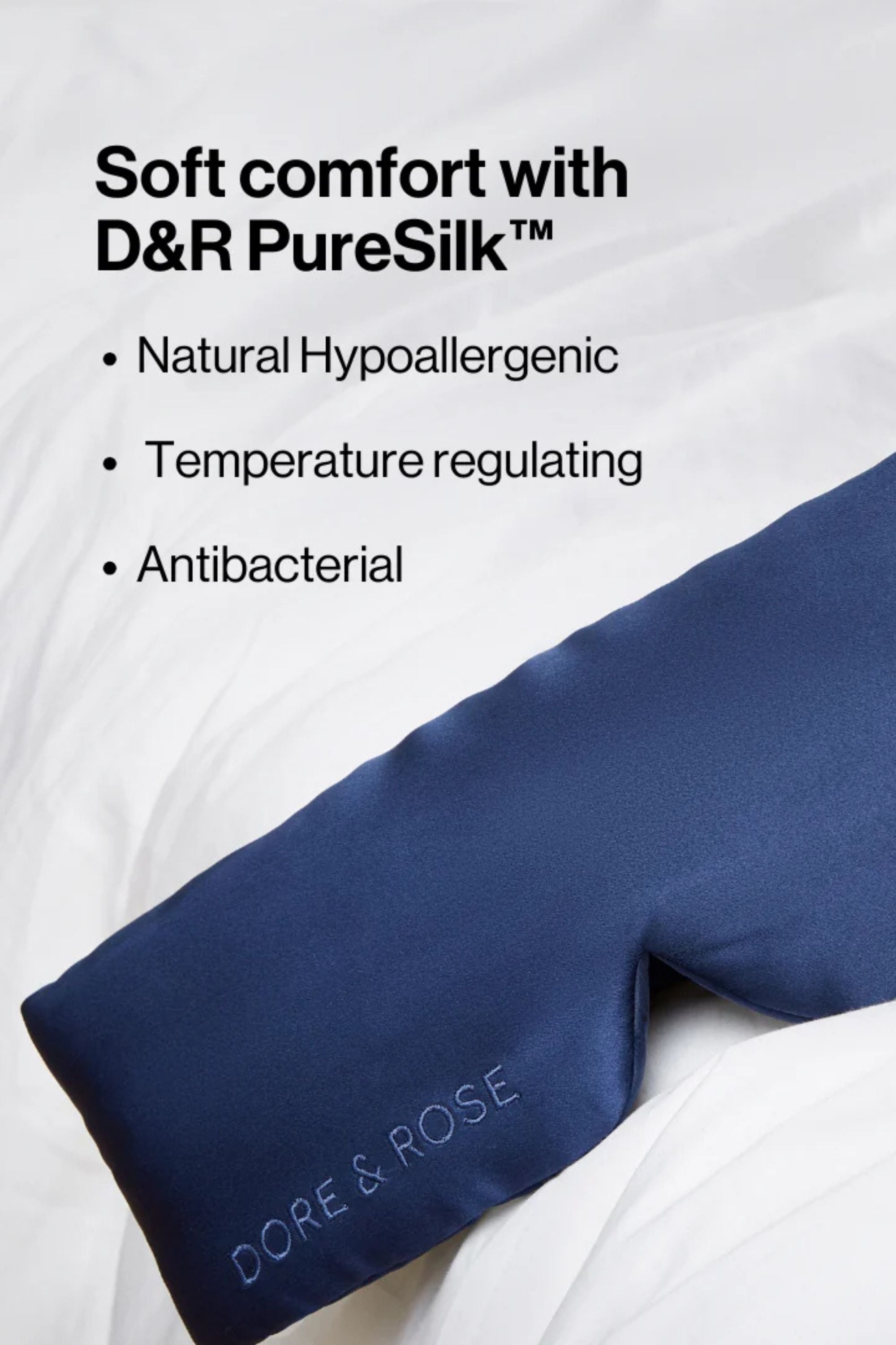 Close-up of the Dore & Rose Deep Sleep Mask Dark Blue, highlighting its hypoallergenic and skin-friendly silk.