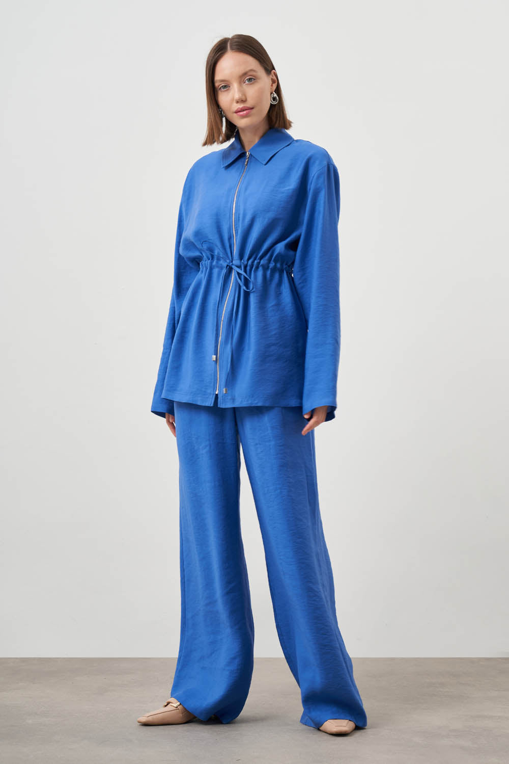 Mizalle Cinched Waist Shirt Jacket Blue