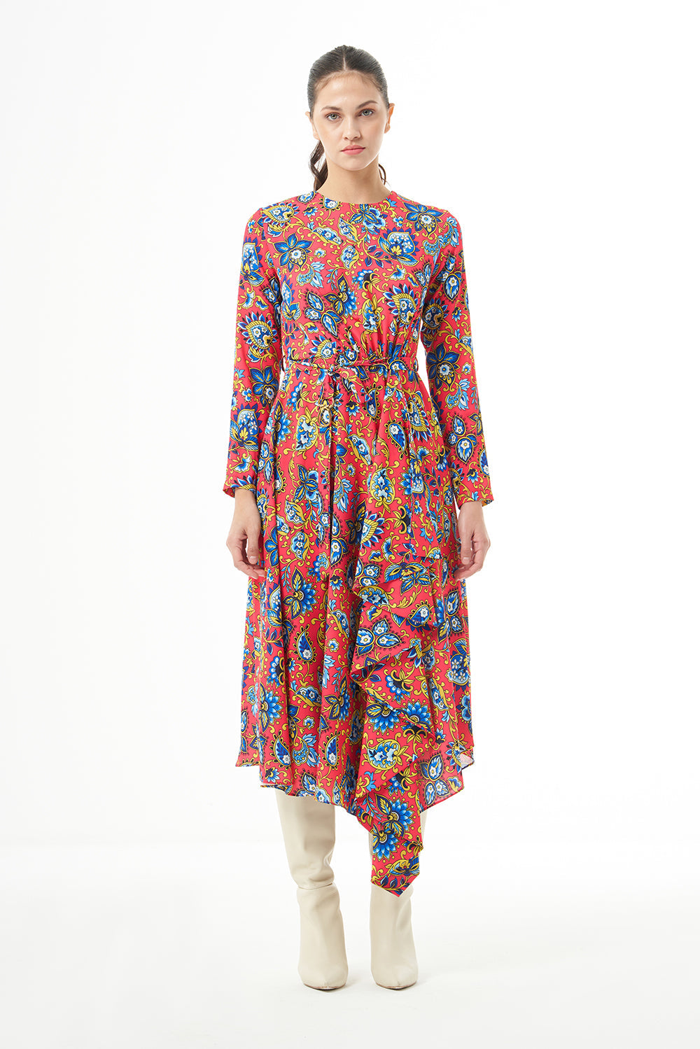 Mizalle Long Sleeve High Neck Midi Dress