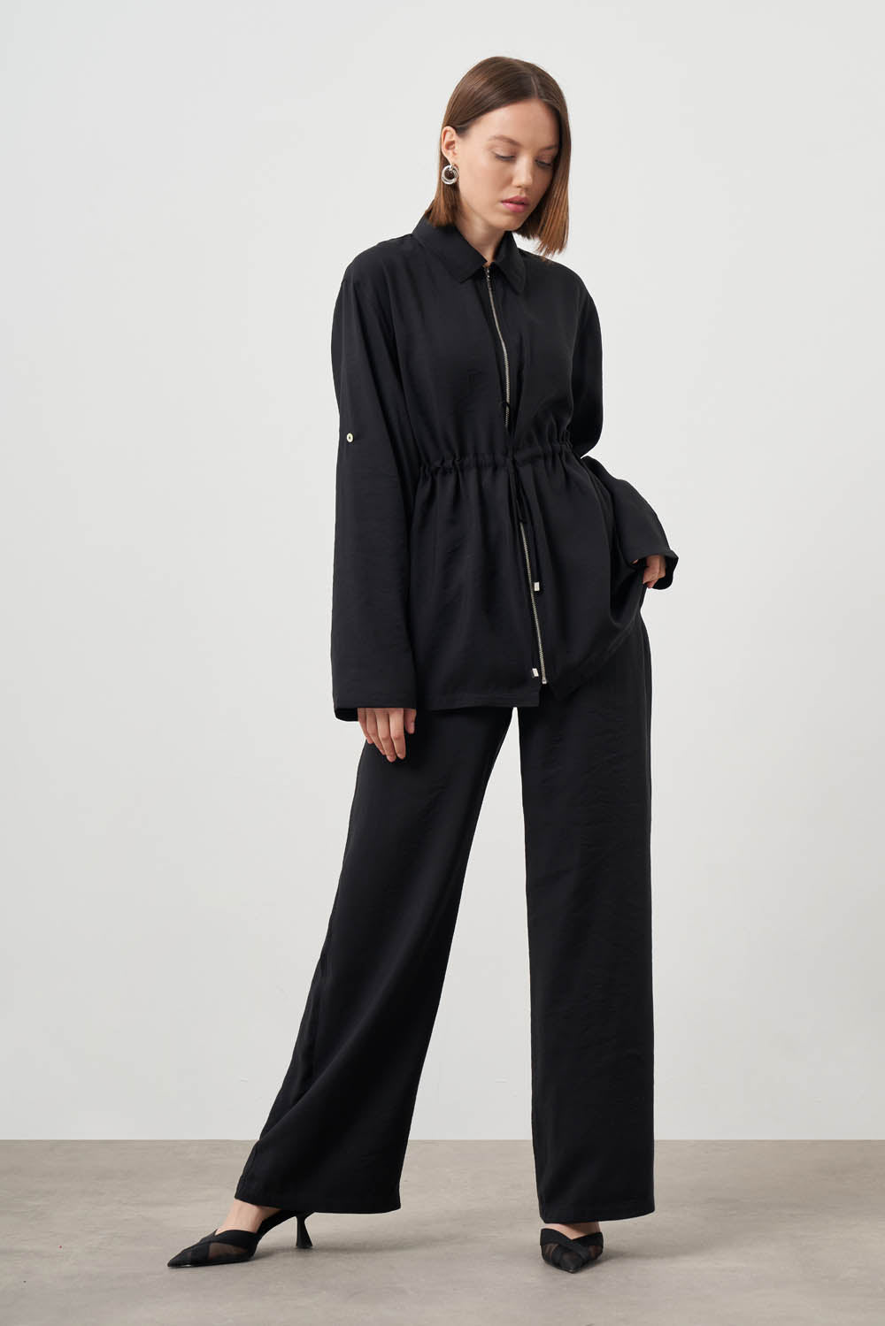 Mizalle Cinched Waist Shirt Jacket Black