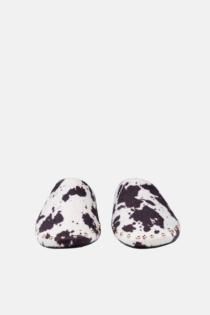 JELAVU Serena Studded Flat Mule in Black & White Cow Print - image 3