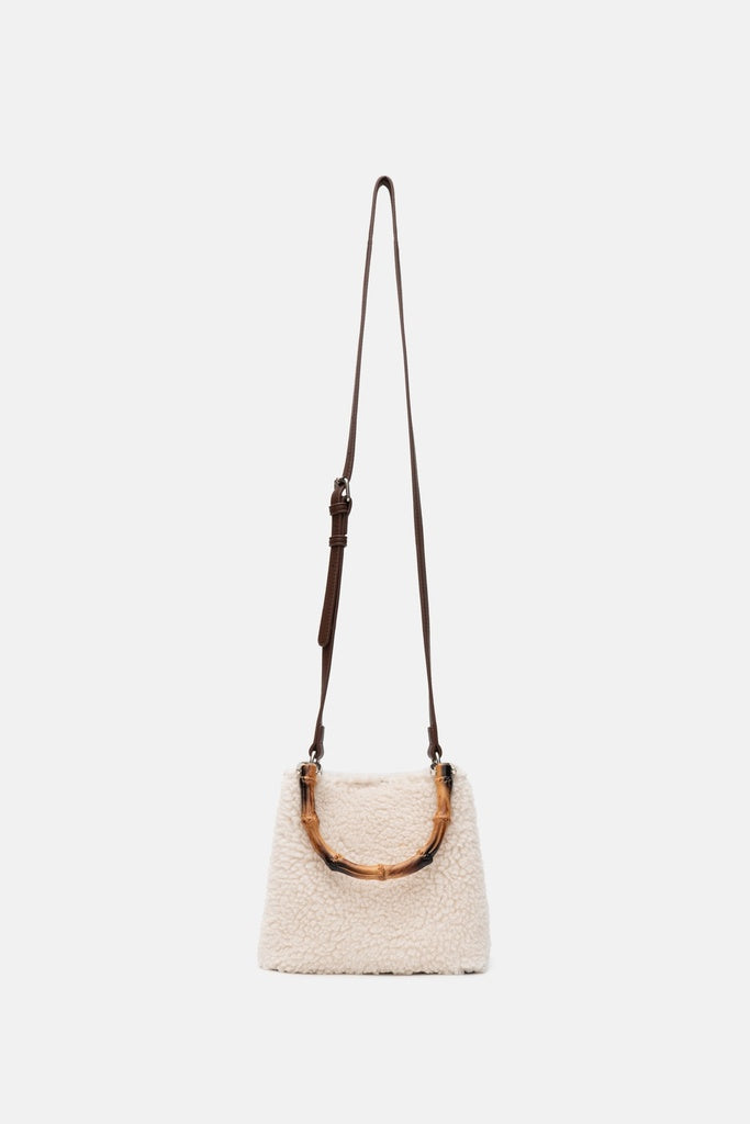 Jelavu Graceful Faux Shearling Bamboo Handle Bag in Cream