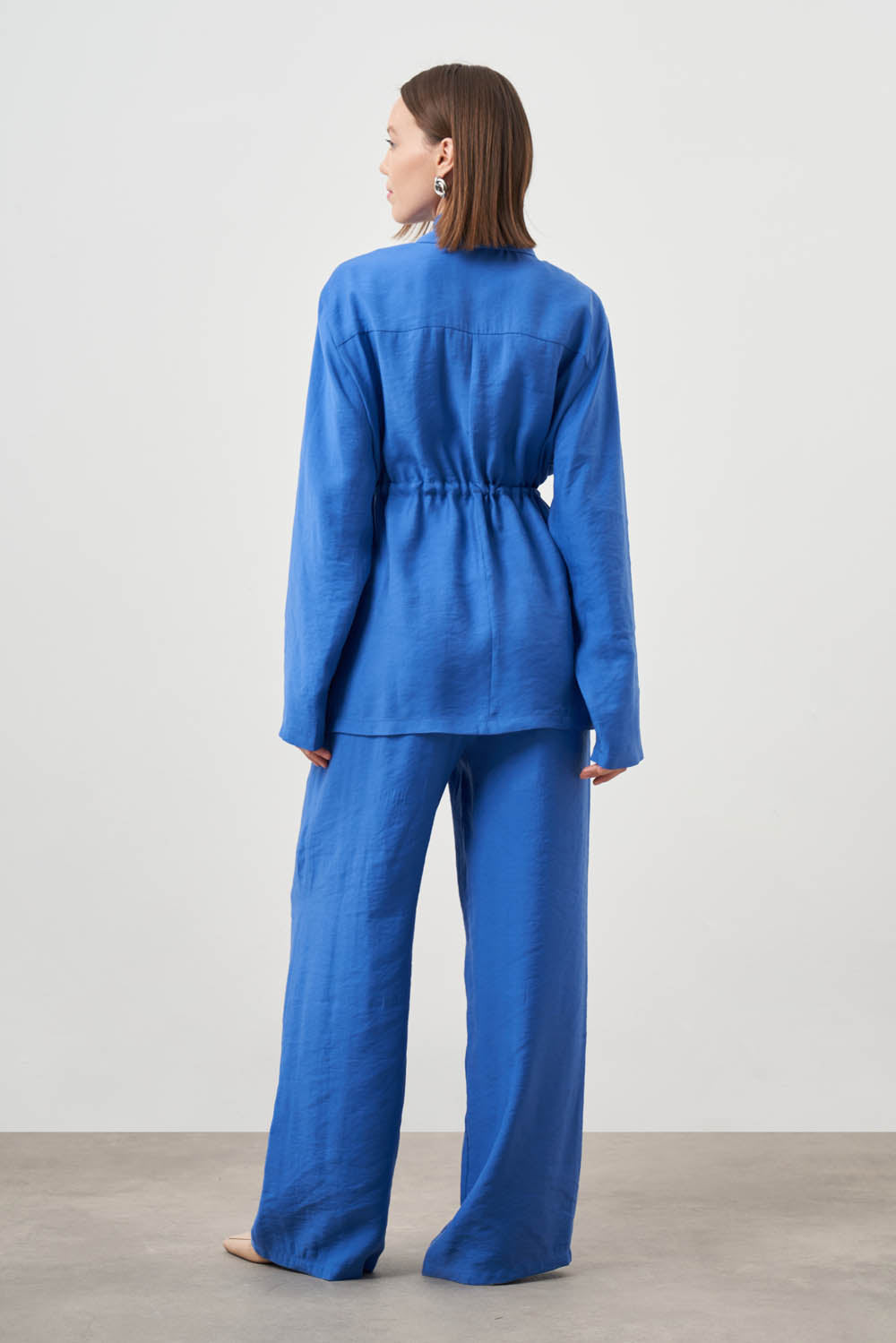 Mizalle Cinched Waist Shirt Jacket Blue