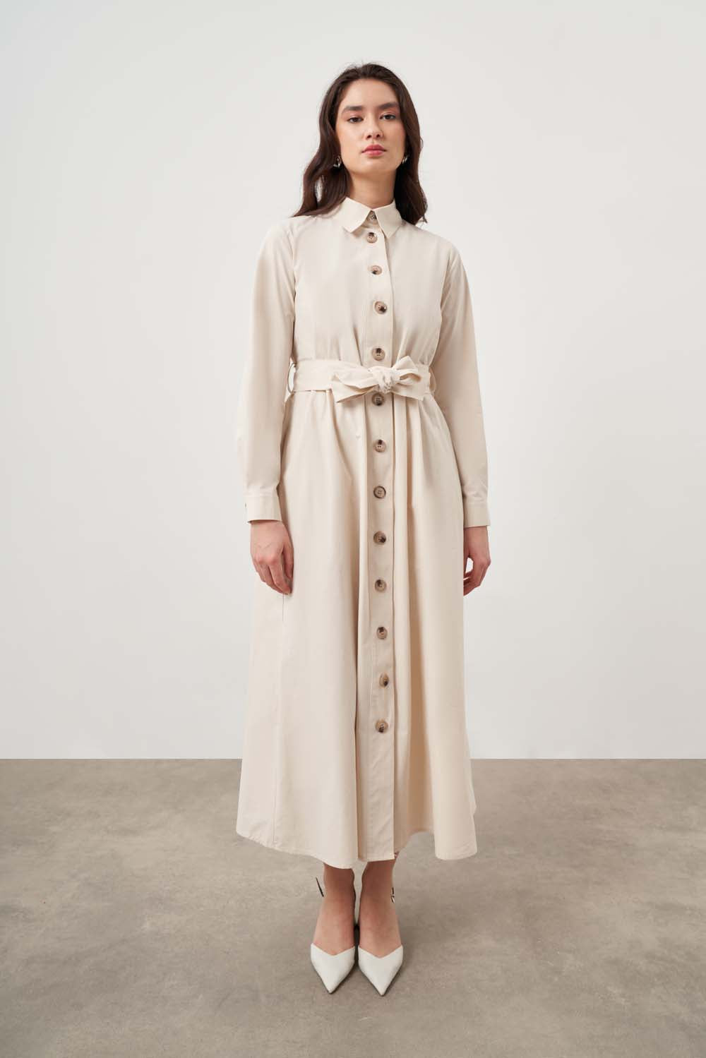 Mizalle -Button Up Belted Dress Beige