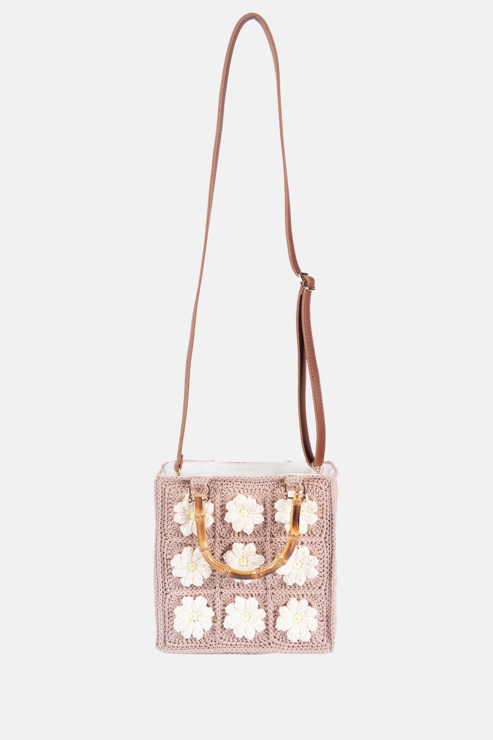 Jelavu - Blossom Crochet Crossbody Bag with Bamboo Handle - Beige / Daisy