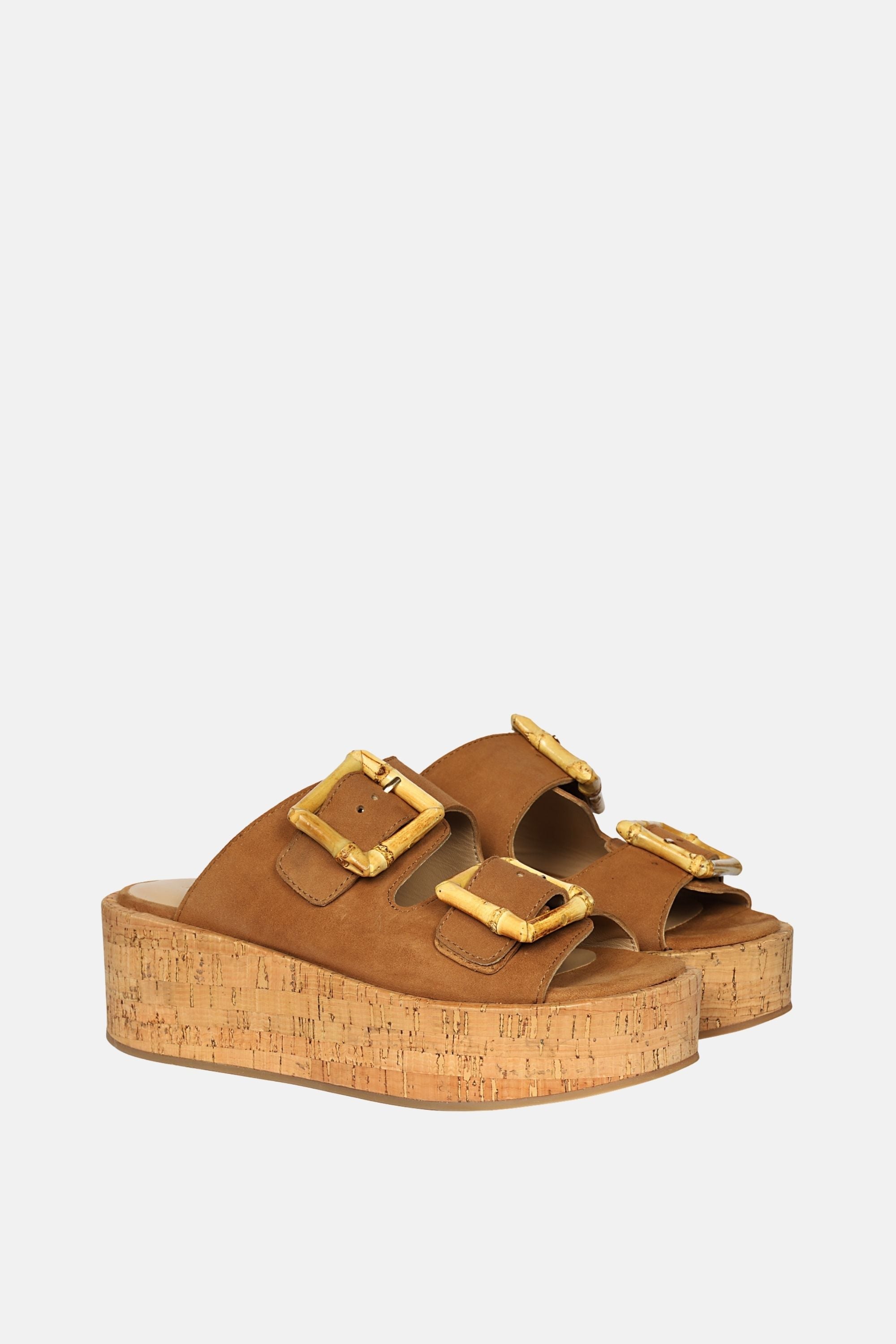 Jelavu - Corkie Platform Sandals with Bamboo Buckle - Cognac Suede