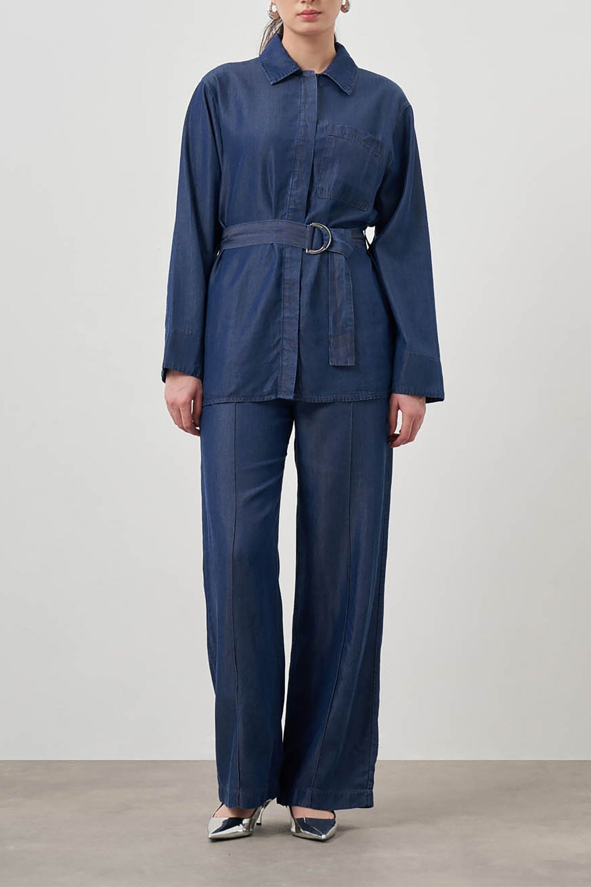 Mizalle Denim Belted Blouse Indigo Apparel