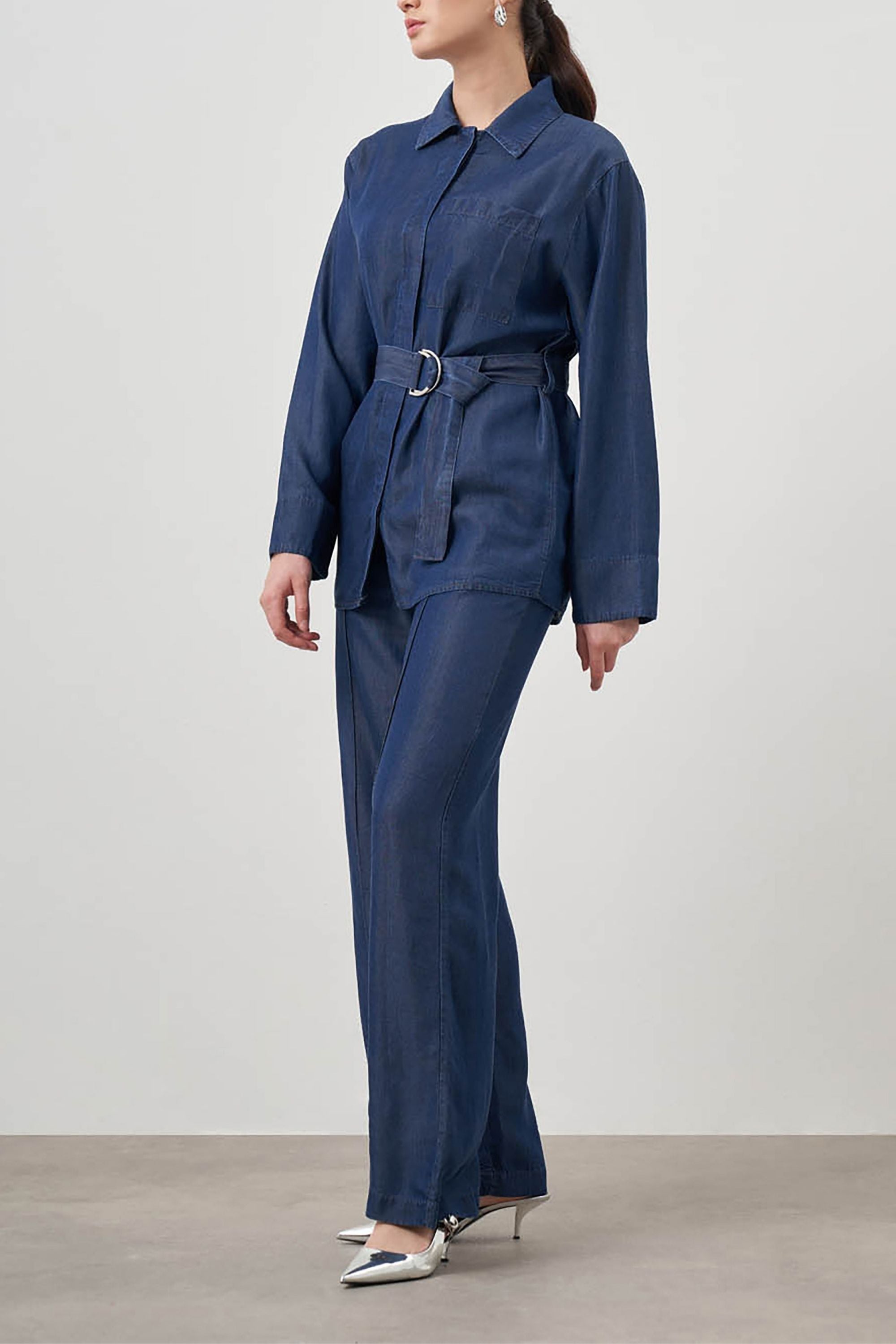 Mizalle Denim Belted Blouse Indigo Apparel