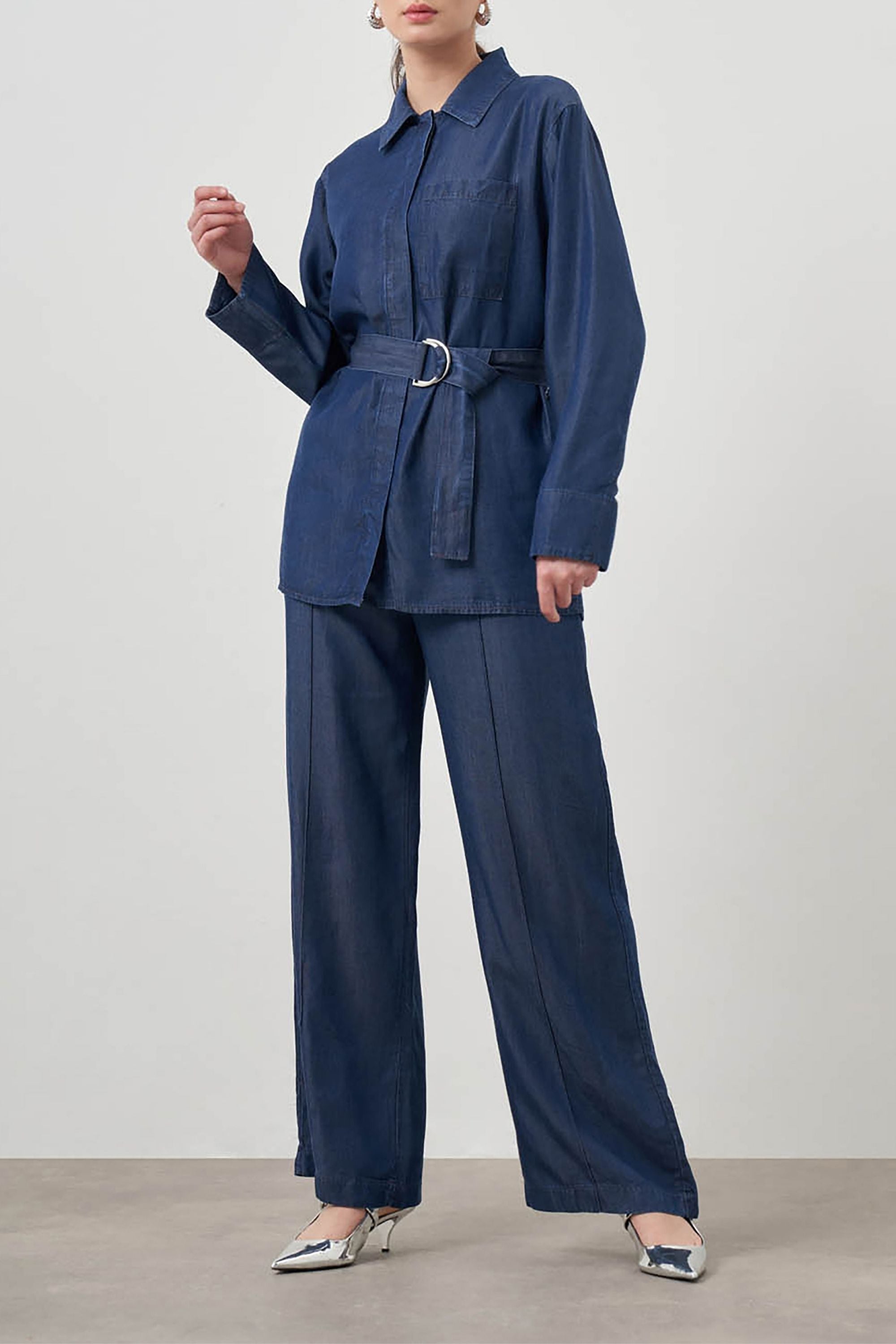 Mizalle Denim Belted Blouse Indigo Apparel