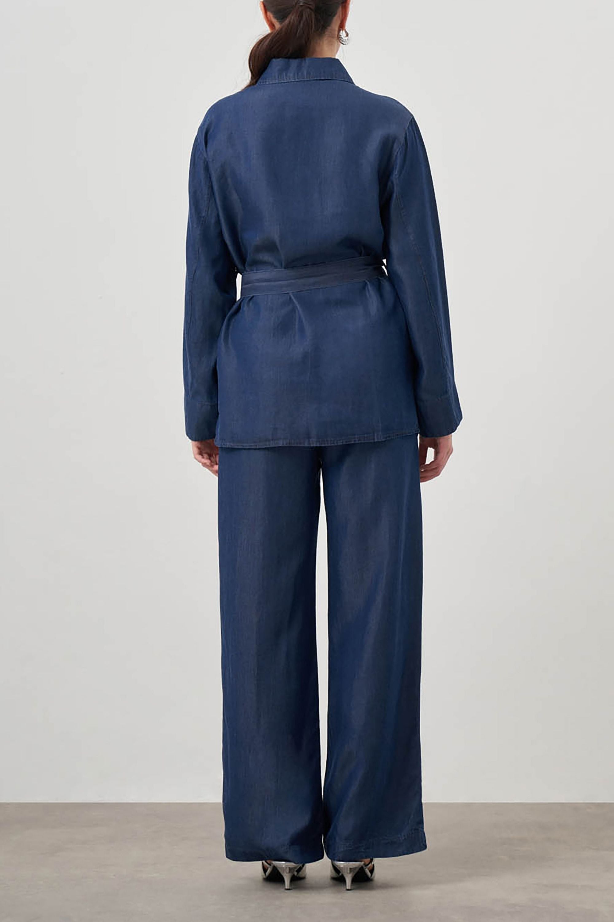 Mizalle Denim Belted Blouse Indigo Apparel