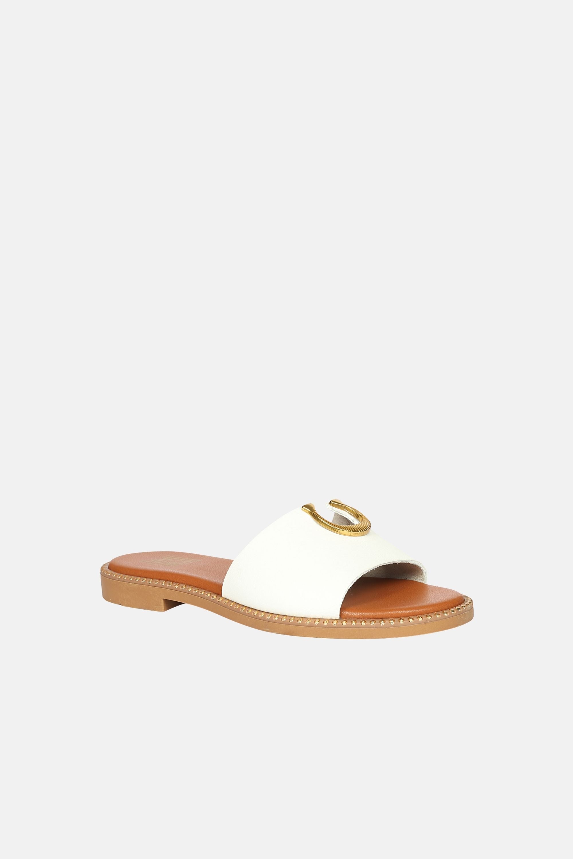 Elegant Acacia Flats by Vivi Blu featuring a Gold Horse Shoe trim, perfect for stylish summer outfits.
