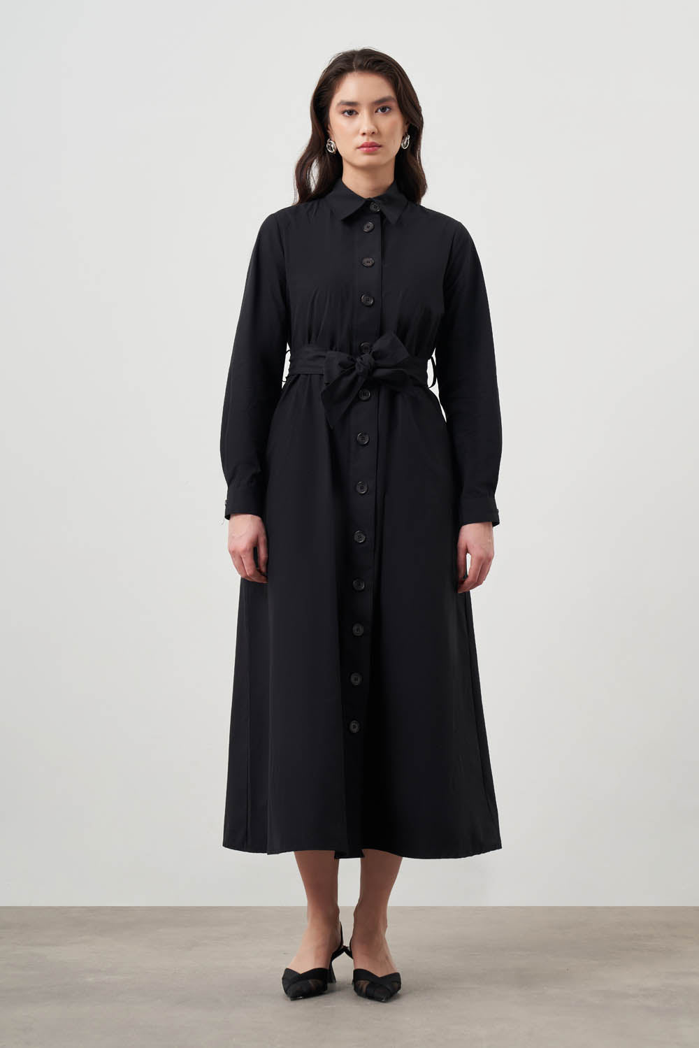 Mizalle Button Up Belted Dress Black