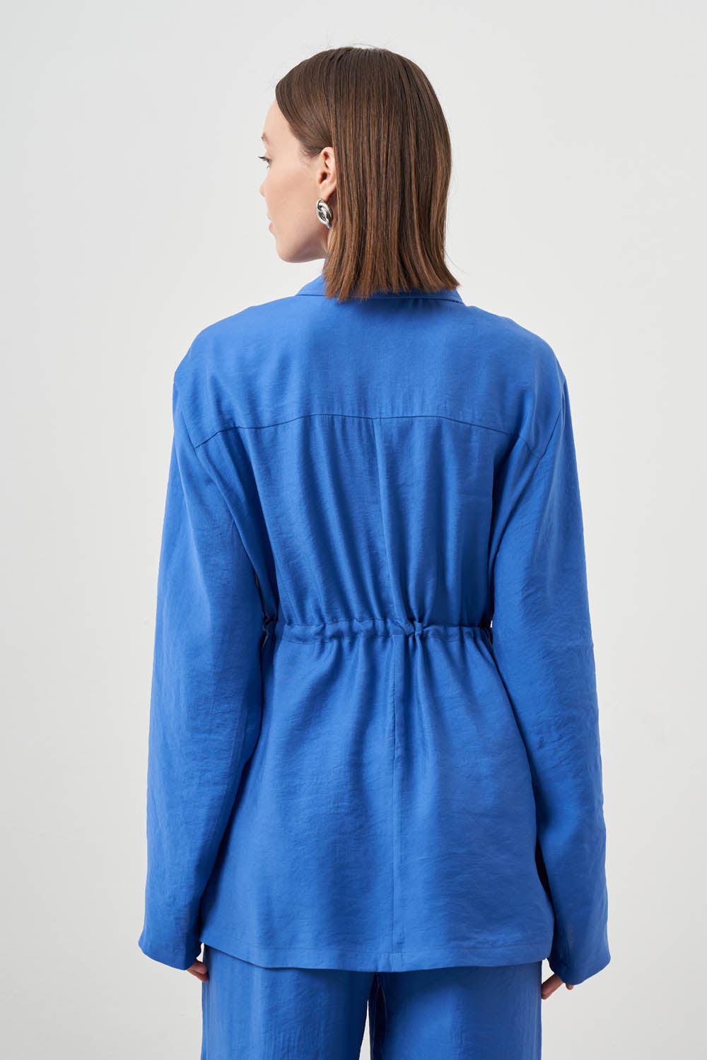 Mizalle Cinched Waist Shirt Jacket Blue