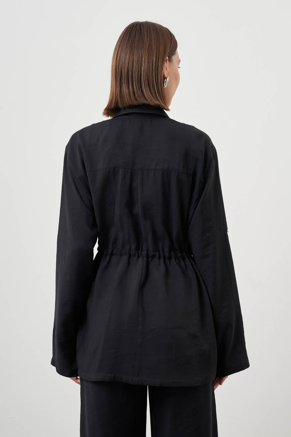 Mizalle Cinched Waist Shirt Jacket Black